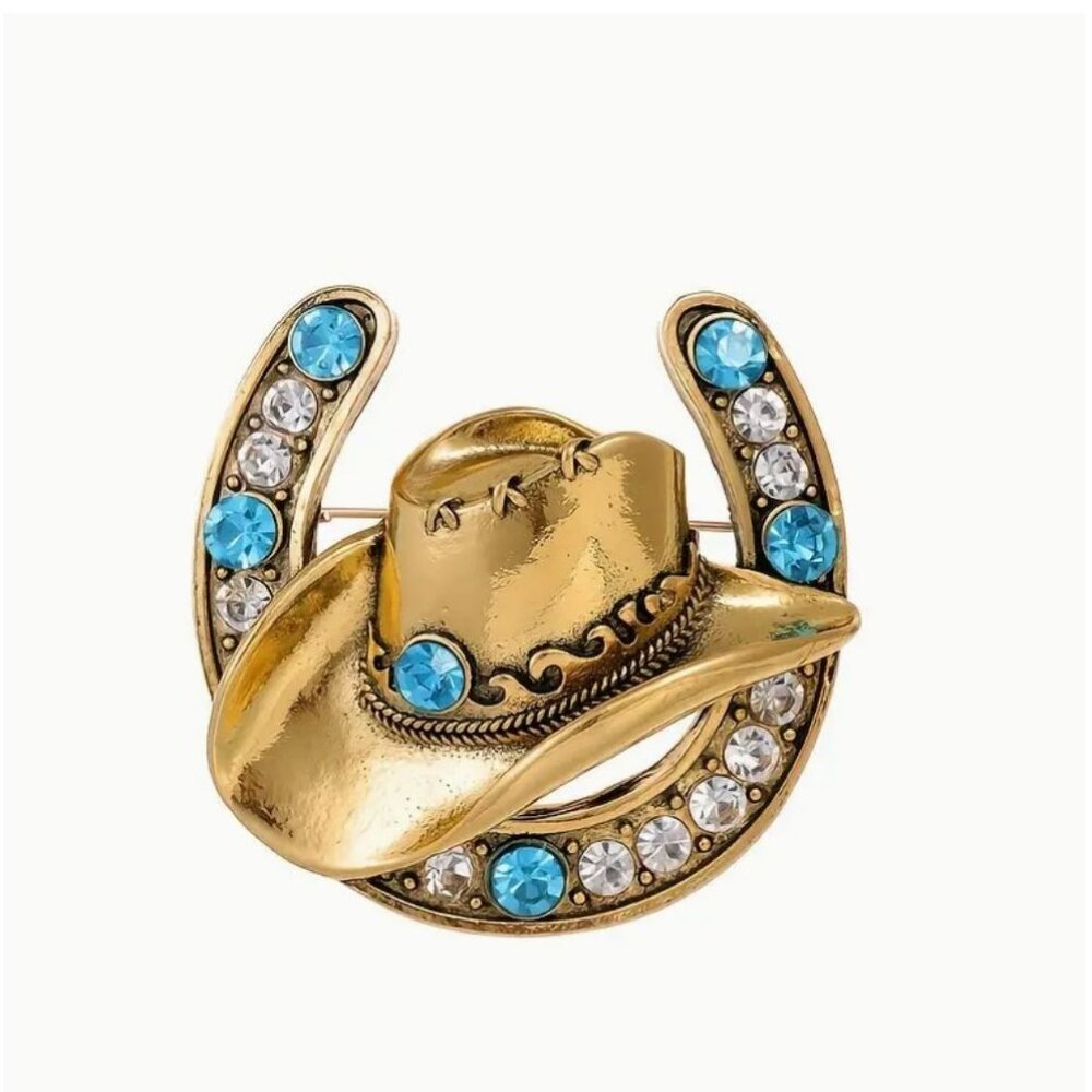 Cowgirl Western Brooch Gold Tone Hat Horseshoe Lucky Turquoise Crystals
